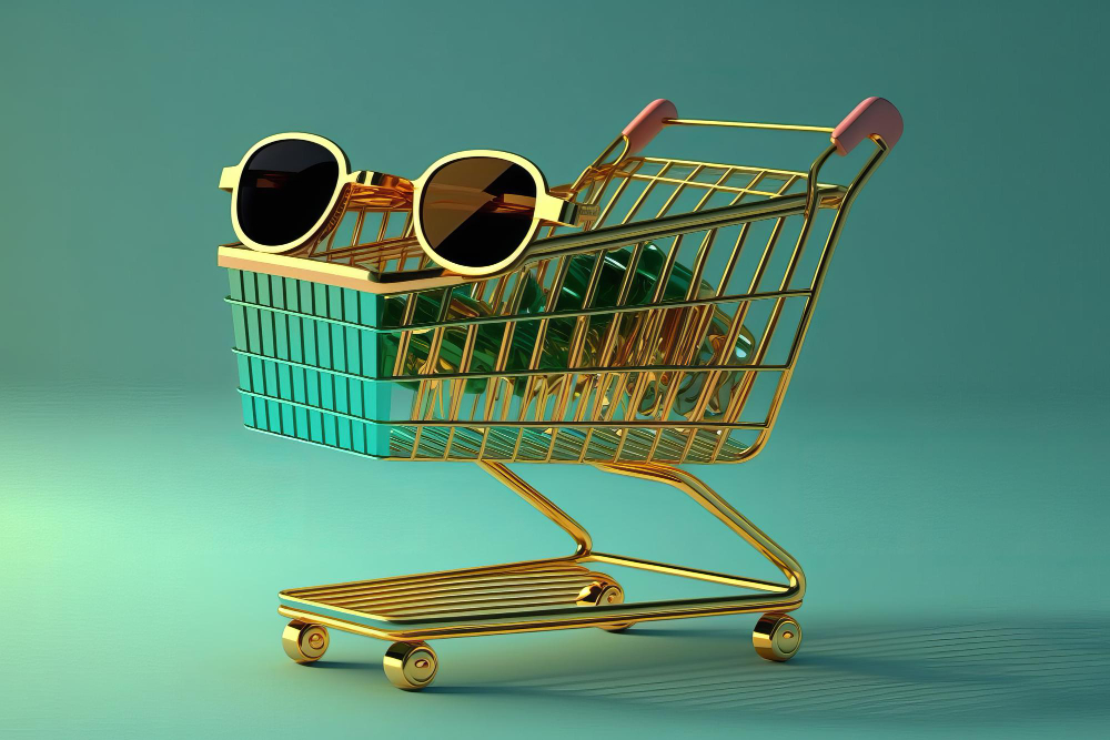 small shopping cart with sunglasses it